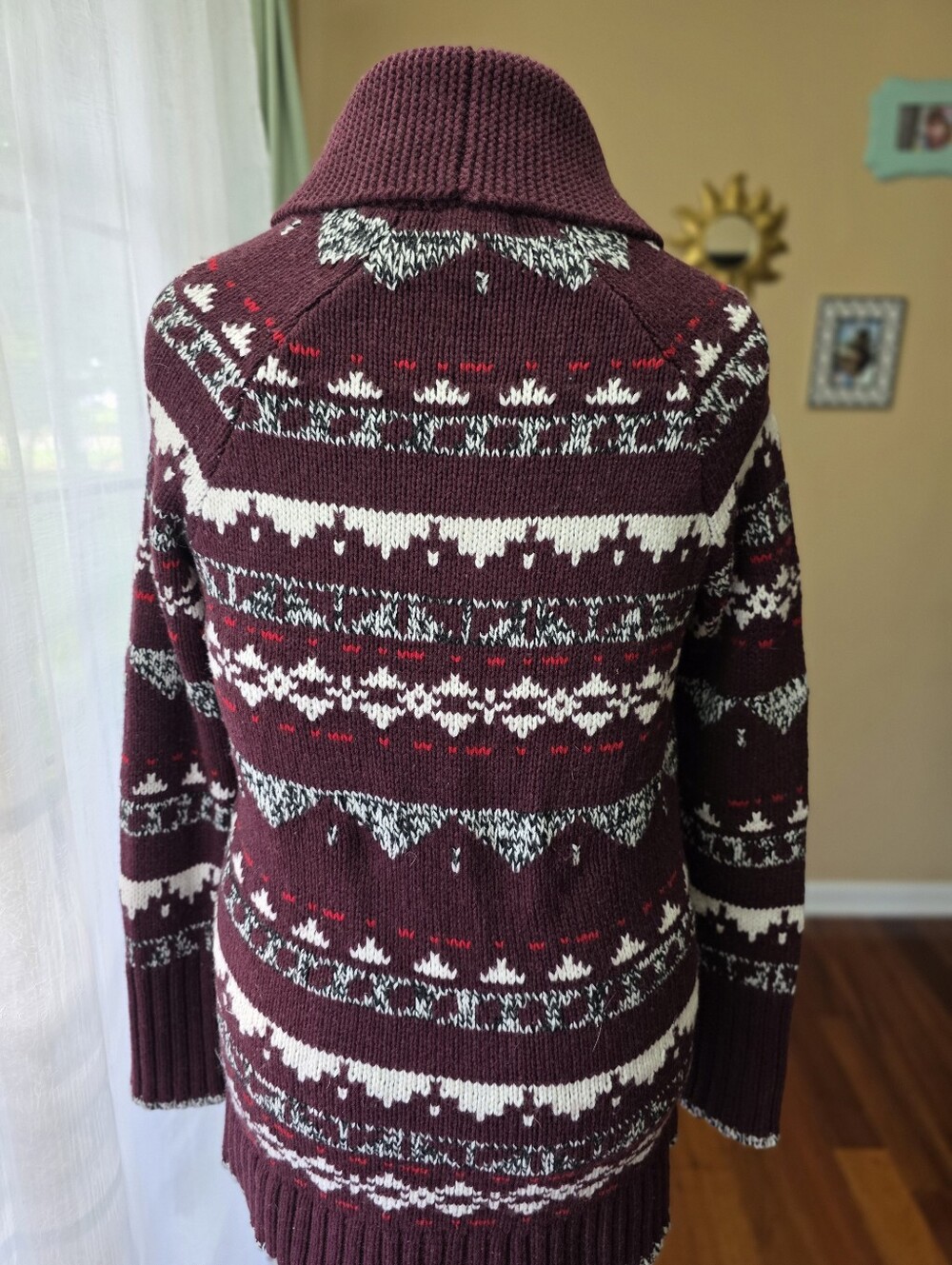 Eddie Bauer Wool Blend Fair Isle Cardigan L Burgundy Nordic Scandi Full Zip - Picture 7 of 13